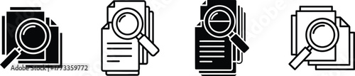 Four simple vector icons representing document analysis with a magnifying glass in black and white