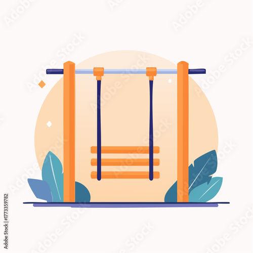 Colorful Playground Swing Set with Wooden Seat and Blue Accents.