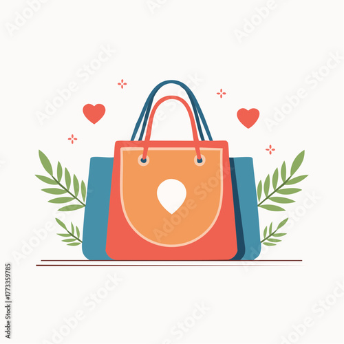 Colorful Shopping Bag Illustration with Orange Red and Blue Tones Decorative Design.