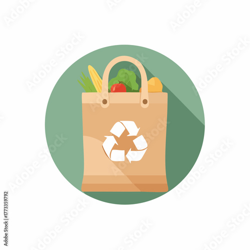 EcoFriendly Paper Bag with Groceries and Recycle Symbol Illustration.