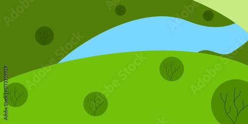 Alpine meadow. Summer background. Vector illustration of simple hand drawn Summer background with green valley hill bush and river. Nature background for wall decor. EPS 10