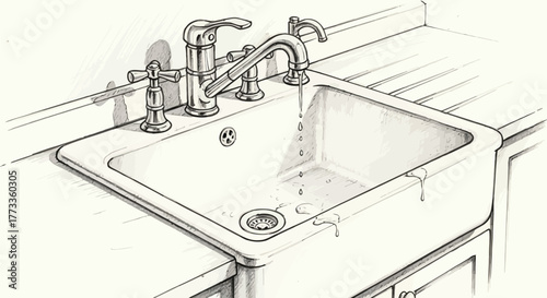Detailed kitchen sink with faucet, water drops, and drain sketch