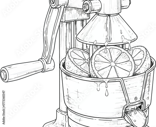 Citrus press with oranges, hand-drawn style, healthy lifestyle