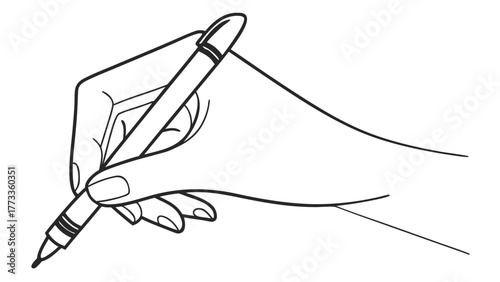 Hand with pen writing or drawing, creative process concept, education, business, signing documents, art, craft, sketch, school, office, minimalist design