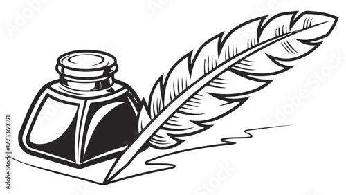 Elegant quill and inkwell illustration for writers, poets, and historical themes, perfect for adding a classic touch to your creative projects