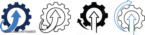 Four stylized gear icons with upward pointing arrows representing progress growth and innovation