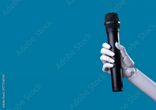 Robot Hand Holding a Black Microphone: AI Voice, Communication, and Future Media Concept