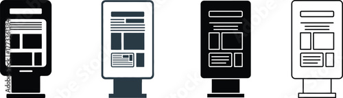 Set of four vertical advertising display stands or kiosks in black and white silhouette and outline styles