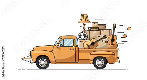 A classic orange pickup truck, overflowing with moving boxes, musical instruments, and a lamp, drives off, representing a fresh start or a journey.