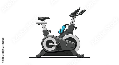 A graphic illustration of a modern dark grey stationary exercise bike, also known as a spin bike, with a blue water bottle, isolated on a clean white background for health and fitness themes.