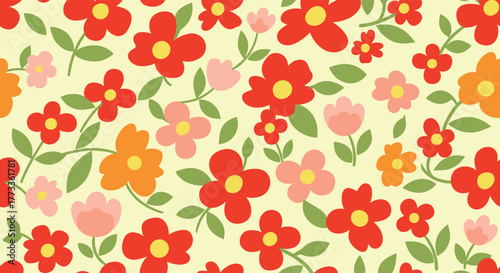 A cheerful seamless pattern features vibrant, stylized red, orange, and pink flowers with green leaves scattered across a pale yellow background, ideal for spring and summer designs.