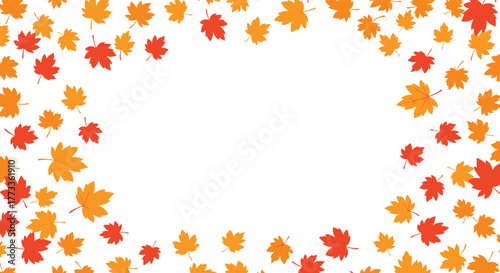 Vibrant autumn maple leaves in a mix of orange and red colors scattered to form a beautiful frame around a spacious white background, offering ample copy space for text.