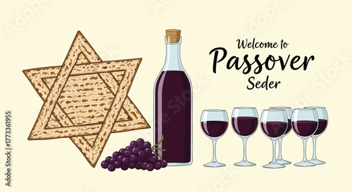 An inviting illustration welcoming guests to a Passover Seder, featuring traditional matzah crackers in a Star of David shape, a bottle of red wine, grapes, and five ceremonial wine glasses.