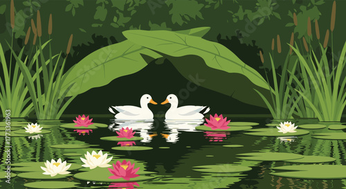 Two white ducks gracefully meet, beak-to-beak, on a peaceful pond, surrounded by vibrant pink and white water lilies, green lily pads, and lush wetland foliage.