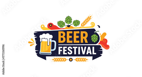 A vibrant illustration logo for a Beer Festival event, featuring a frothy beer mug, green hops, and golden wheat ears on a stylized dark blue banner, conveying a fun and celebratory atmosphere.