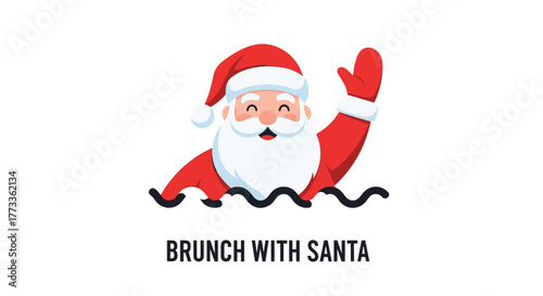 A friendly, cartoon Santa Claus in his red suit and hat, smiling and waving from wavy lines, with 'Brunch with Santa' text, ideal for promoting festive Christmas holiday events.