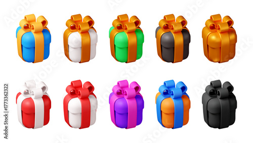 Collection of 3d rendering gift boxes with colorful ribbons and bows. Holiday present and celebration concept for birthday or Christmas. Vector illustration