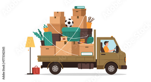 A brown moving truck, heavily loaded with numerous cardboard boxes, luggage, plants, and various household items, is driven by a man, symbolizing home relocation.