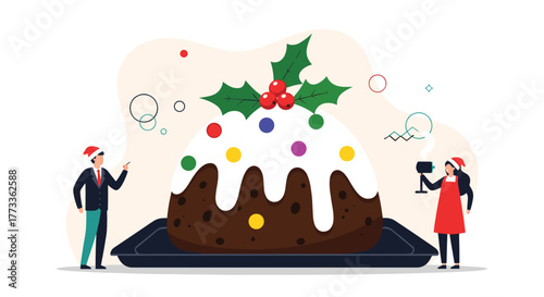 A cheerful illustration of two people celebrating Christmas with a beautifully decorated pudding, complete with holly and colorful sprinkles, creating a joyful holiday scene.