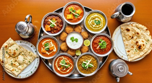 Wallpaper Mural Richly Decorated Mughal Thali Spread with Curries, Raita, and Naan on Polished Wood Torontodigital.ca