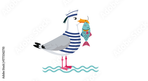A charming cartoon seagull character, dressed as a sailor with a striped shirt and hat, proudly presents a freshly caught fish in its beak, standing on stylized ocean waves.