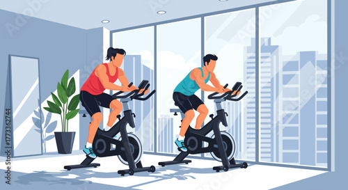 A man and a woman are exercising on stationary bikes in a modern gym, enjoying a fitness workout with a panoramic view of the city skyline through large windows.