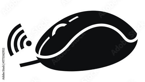 Black wireless computer mouse with signal waves, on