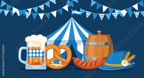 A vibrant illustration displaying iconic Oktoberfest elements: a frothy beer mug, pretzel, grilled sausage, wooden barrel, and Bavarian hat, with blue and white bunting and a striped tent.