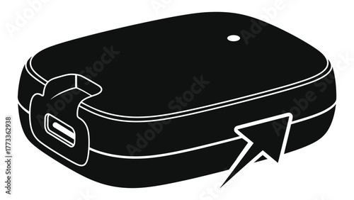 Black usb device with arrow pointing to side, on