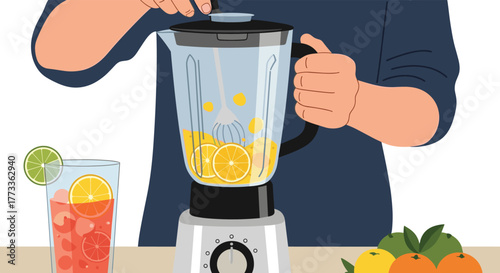 A person's hands are shown operating a blender filled with lemons and orange juice, making a healthy beverage on a countertop with fresh citrus fruit.