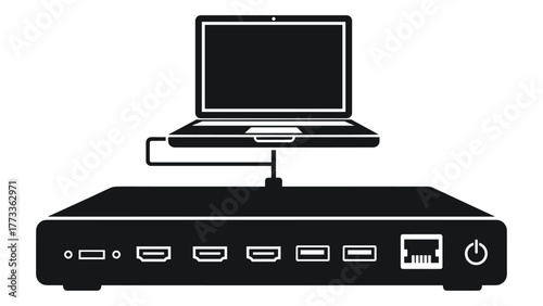Laptop connected to a docking station with multiple ports