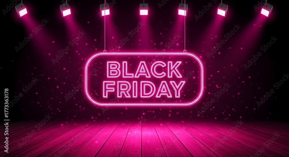 Naklejka premium Black friday neon sign glowing with pink lights on a dark stage with spotlights and wooden floor, representing sale and discount event