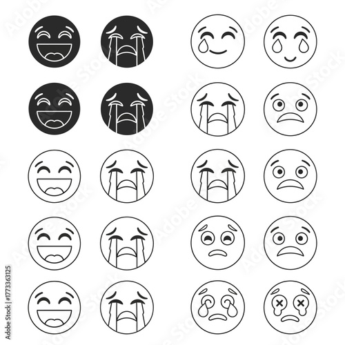 Monochrome set of various emoji faces showing different feelings.