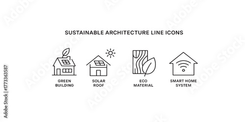Print  Sustainable Architecture Line Icons — green building, solar roof, eco material, smart home system vector