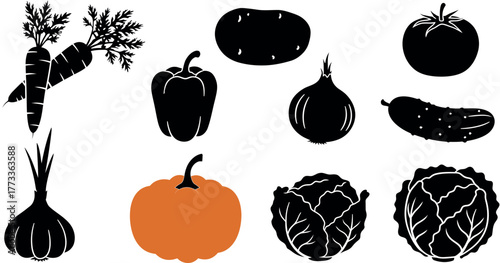 A set of fresh fruits and vegetables including pumpkin, tomato, pepper, onion, carrot, and cucumber is a healthy autumn harvest food collection illustration