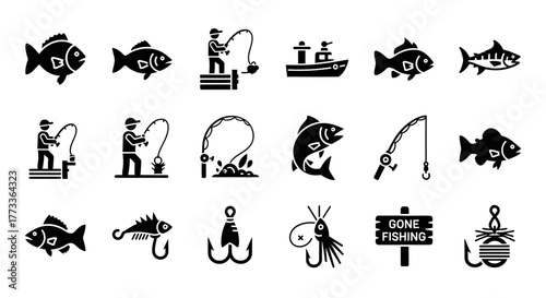 Comprehensive Fishing Activity and Gear Silhouette Icons Set | Angling Vector Glyphs