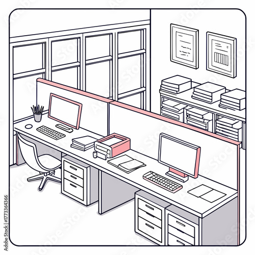 Office workspace design illustration with desks computers chair and storage for business use 3d view