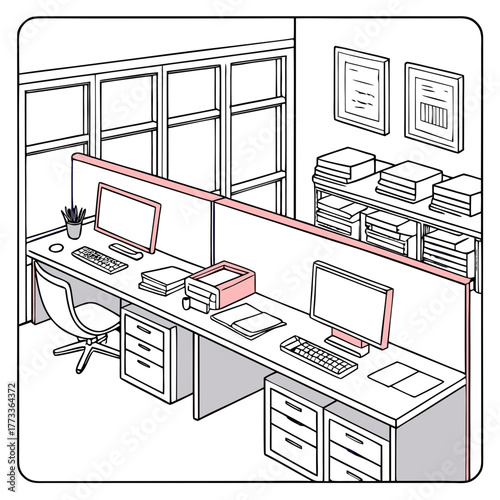 Office cubicles workstations desk computer chair printer workspace interior design illustration vector