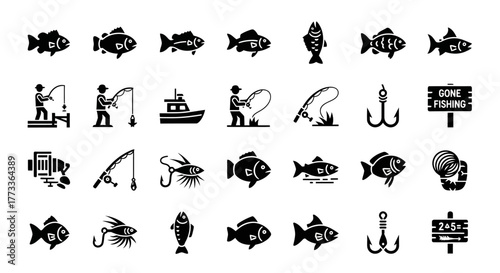 Comprehensive Fishing Activity and Gear Silhouette Icons Set | Angling Vector Glyphs