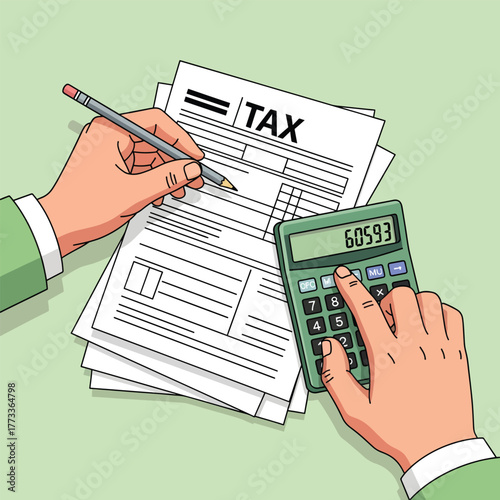 Person filling out tax form with calculator and pencil
