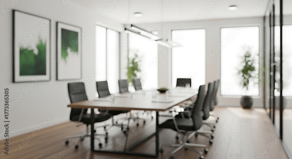 Fototapeta premium Modern conference room with a long wooden table and black chairs