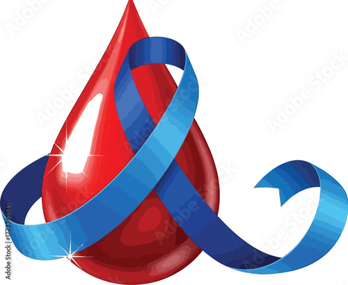 A red blood drop with a blue ribbon, symbolizing diabetes awareness and support