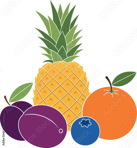 Stylized pineapple orange plum blueberry fruit design