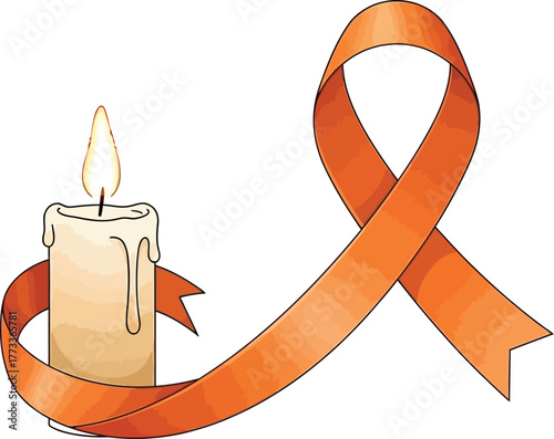 Candle and orange ribbon for leukemia awareness symbol of support for patients