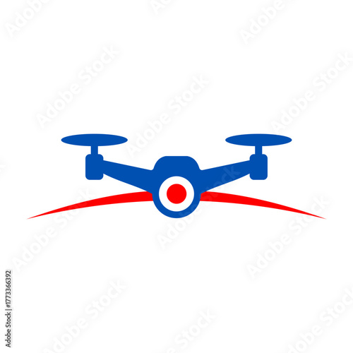 A blue drone logo with red curved lines, representing aerial technology and innovation.