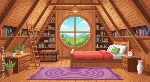 Cozy Attic Bedroom with Bookshelves and a Window View A Warm and Inviting Interior Space