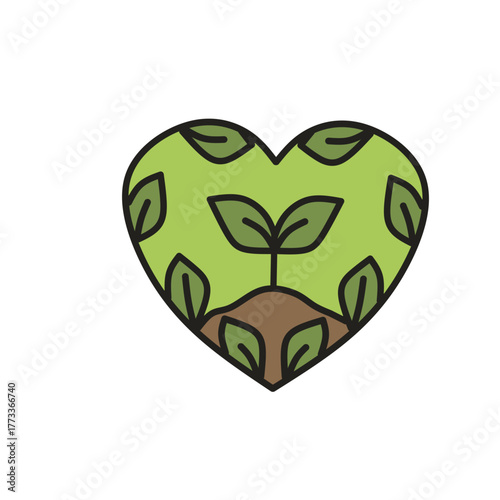 Green Heart with Leaves, Eco Love and Plant Growth Icon
