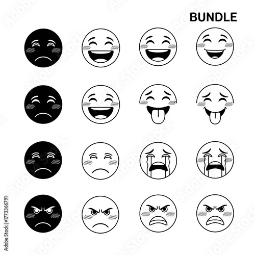 Black and white emoji bundle with various expressions.