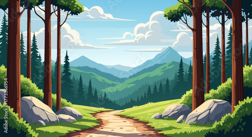 Scenic Forest Path Leading to Mountains Under a Blue Sky with Clouds, Nature Landscape