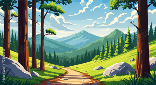 Vector illustration of a scenic mountain trail winding through a lush green pine forest on a beautiful sunny summer day landscape background